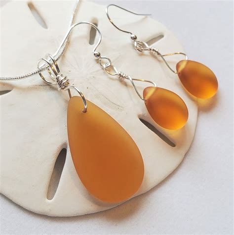 Golden Honey Sea Glass Jewelry Set Burnt Orange Sea Glass Necklace