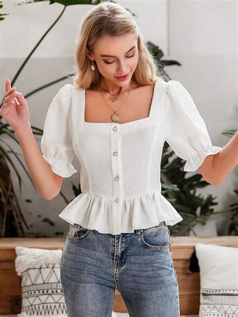 Simplee Button Front Puff Sleeve Crop Peplum Top Shein Usa Peplum