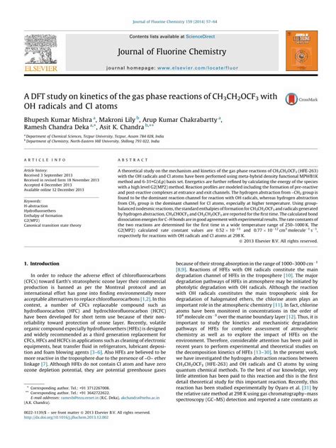 PDF A DFT Study On Kinetics Of The Gas Phase Reactions Of CH3CH2OCF3