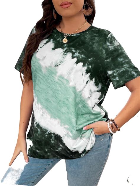 Casual Tie Dye Round Neck Tee Short Sleeve Green Plus Size T Shirts