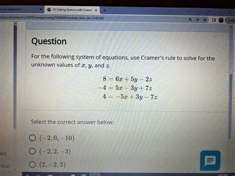 Solved For The Following System Of Equations Use Cramer S Chegg