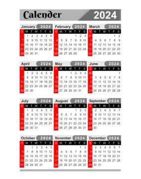 New Year Months Full Calender With Red Date Design Vector Full