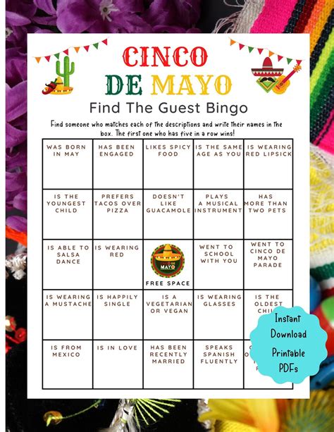 Cinco De Mayo Find The Guest Bingo Game L Printable Game Mexican Fiesta