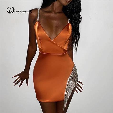 Dressmecb Summer Sleeveless Tassel Chain Sexy Dress Women Spaghetti