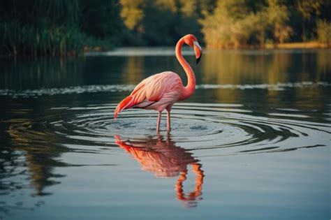 Premium Photo A One Pink Flamingo Bird On The Lake