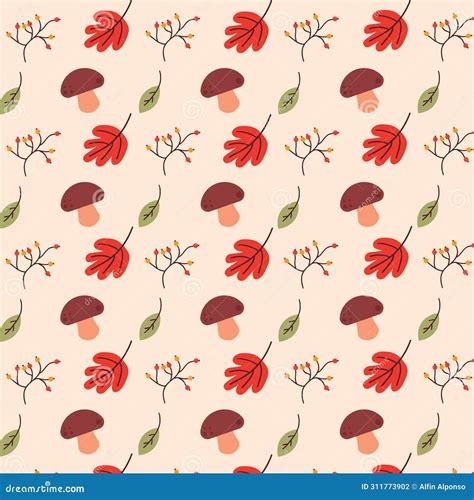 Vector Seamless Pattern With Mushroom And Leaves For Background