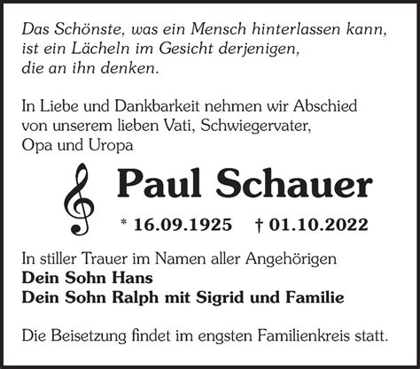 Traueranzeigen Von Paul Schauer M Rkische Onlinezeitung Trauerportal