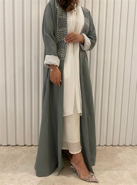 Grey Abaya 16 Grey Abaya With Embroidered Neckline Comes With A White