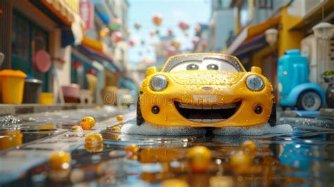 A Cartoon Character of a Car in the Car Wash. 3d Illustration Stock ...