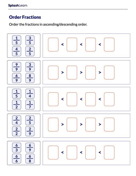 Ordering Fractions Math Worksheets Splashlearn