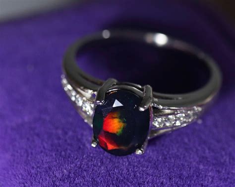 Black fire opal ring, opal engagement ring, red fire black opal, silver ...