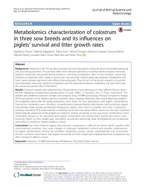 Pdf Metabolomics Characterization Of Colostrum In Three Sow Breeds