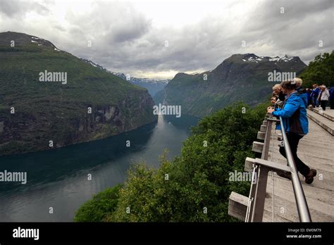 Tourists At The Eagles Road Viewing Platform Geiranger Norway