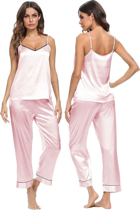 Swomog Conjunto De Pijama Feminino De Cetim De Seda Roupa De Dormir