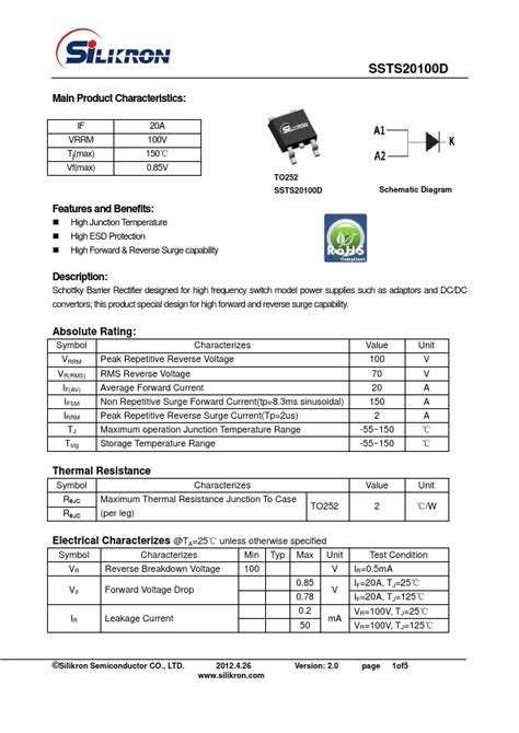 SSTS20100D Silikron Semiconductor Rectifier Hoja De Datos Ficha