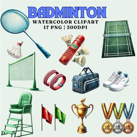 Badminton Watercolor Clipart Set 17 PNG Images Commercial Use Rackets