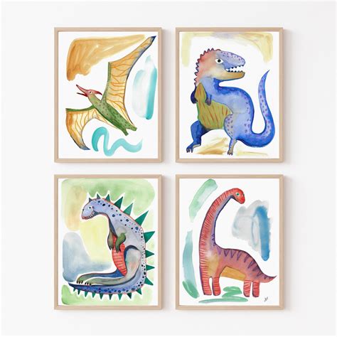 Colorful Dinosaurs Wall Art Dino Nursery Illustrations Funky