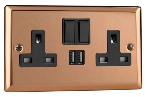 Varilight Xy5u2sb Cu Urban Polished Copper 2 Gang Double 13a Switched Plug Socket 2 1a Usb