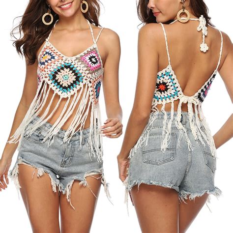 Sexy Tassel Hollow Bikini Tops Womens Boho Knit Sleeveless See