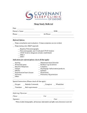 Fillable Online Sleep Study Referral Form Covenant Sleep Clinic Fax