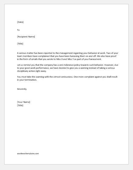 Warning Letters To Employee For Misconduct Word Excel Templates