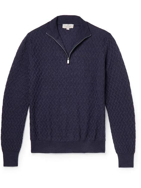 Canali Cable Knit Wool Half Zip Sweater Blue Canali