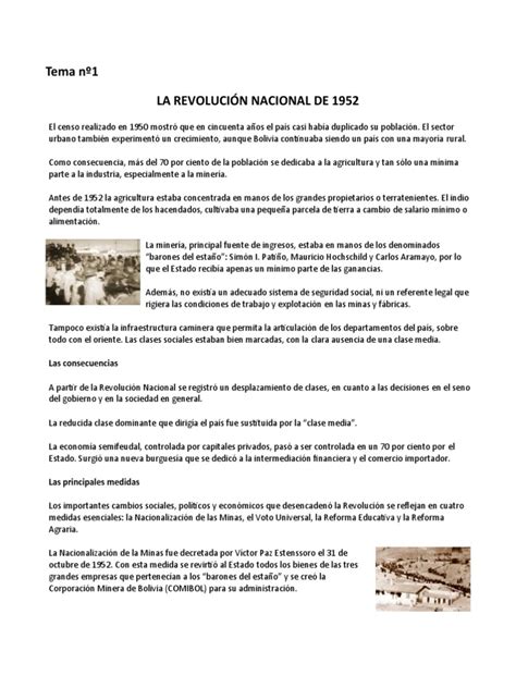 Tema Nº1 La RevoluciÓn Nacional De 1952 Pdf Bolivia Economias