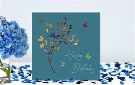 Teal Butterfly Birthday And Multicoloured Flower Stems Butterflies Card