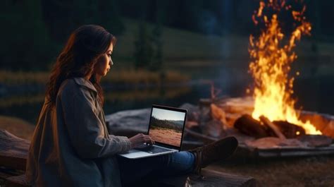 Una mujer se sienta en una computadora portátil junto a una foto