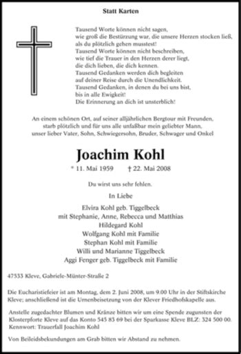 Traueranzeigen Von Joachim Kohl Trauer In Nrw De