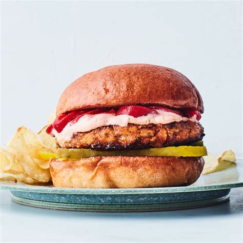 Salmon Burgers With Red Pepper Mayo Recipe Epicurious