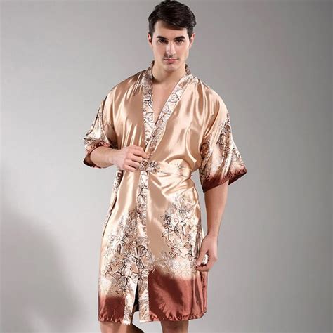 New Arrival Men's Print Men Sexy Robe Short Sleeve V Neck Kimono Satin Microfiber Sleep Lounge ...