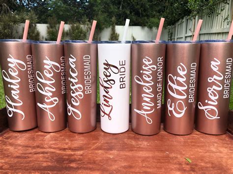 Rose Gold Skinny Tumbler With Straw Personalized Tumbler Etsy Bridal Party Tumblers Wedding