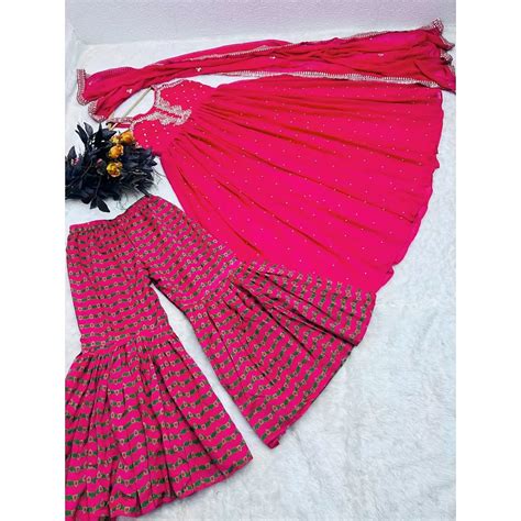 Pink Embroidery Sequence And Moti Work Gown With Sharara