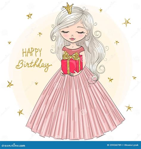 Hand Drawn Beautiful Cute Little Princess Girl with Crown and Gift. Stock Vector - Illustration ...