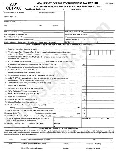 Form Cbt New Jersey Corporation Business Tax Return