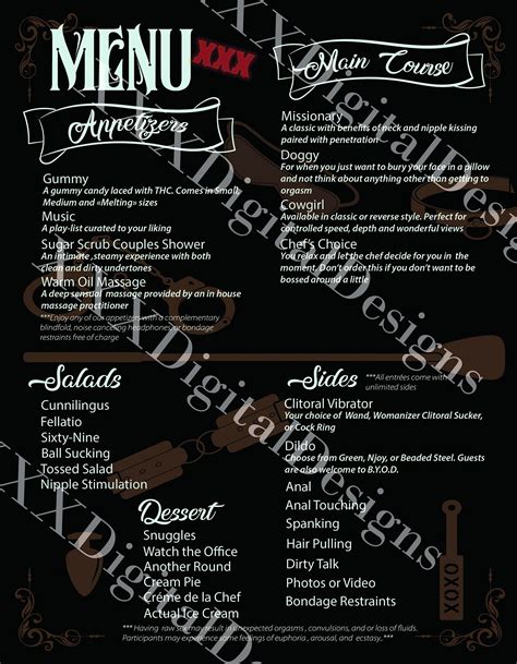 Printable Sex Menu Adult XXX Kink BDSM Play Erotic Game Mature Love Intimate Naughty Date Night
