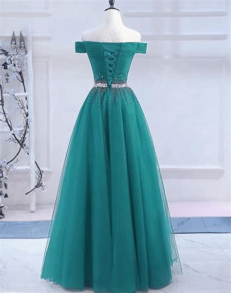 Off Shoulder Pretty Hunter Green Beaded Prom Dresses On Luulla