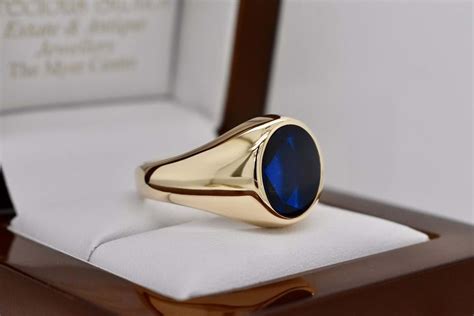 9ct Yellow Gold Synthetic Blue Stone Mens Ring