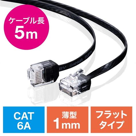 Lanケーブル カテゴリ6a より線 ストレート フラット ブラック 5m Ez5 Lan6afl 05 ネコポス対応 イーサプライ