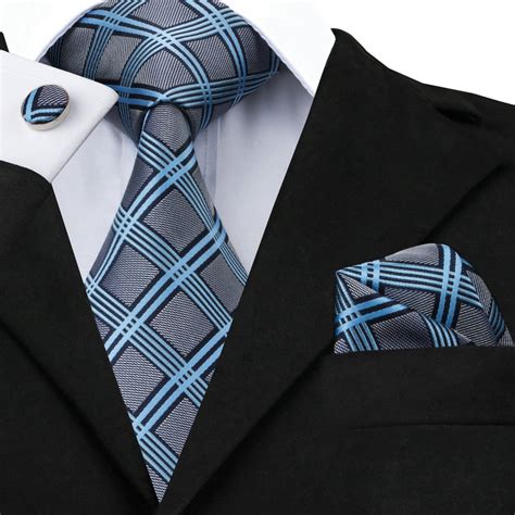 Hi Tie Fashion Mens Silk Tie Set Jacquard Woven Plaids Necktie Hanky