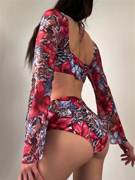 Floral Print Halter Bikini Swimsuit With Cover Up SHEIN USA