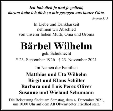 Traueranzeigen Von B Rbel Wilhelm Geb Schuknecht Abschied