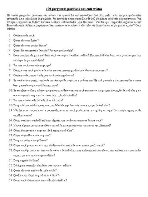 Perguntas Para Entrevistas Sobre A Vida Da Pessoa - 100 Perguntas Possíveis Nas Entrevistas | PDF | Entrevista | Emprego