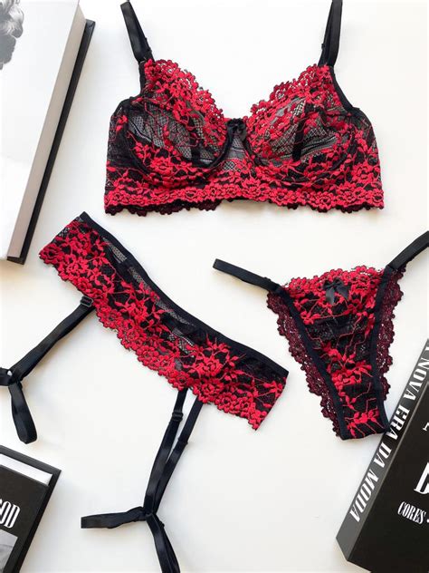 Conjunto Cinta Liga Preto Vermelho Site Exclusivo De Lingerie