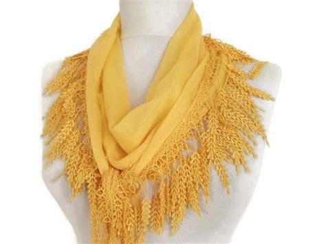 Bright Yellow Scarf Cowl Scarf With Lace Edge Cotton Scarf Etsy