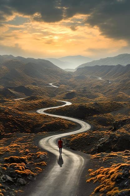 Premium AI Image A Person Walking Down A Winding Road With Curves In