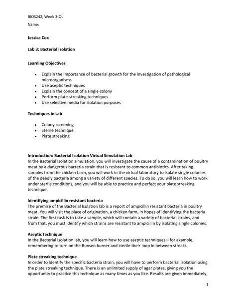 BIO 150 OL Bacterial Isolation Assignment BIOS242 Week Name Jessica