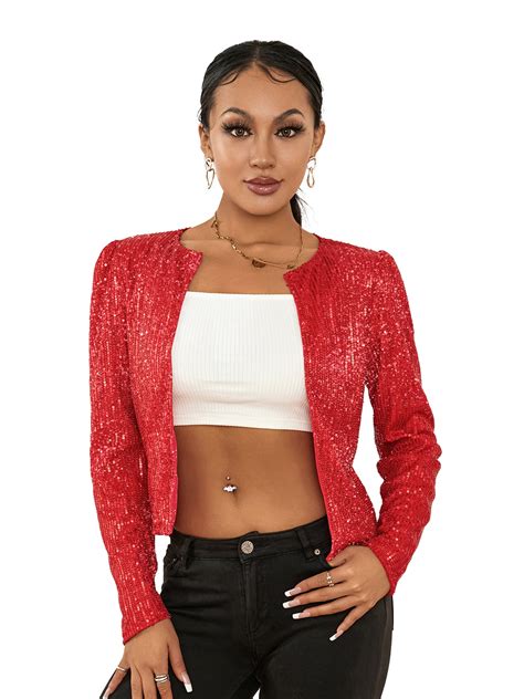 Sunisery Women S Sparkly Sequin Open Front Blazer Coat Long Sleeve Crop