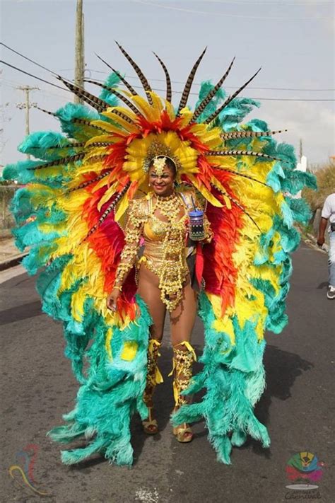 A Woman In A Colorful Costume Walking Down The Street